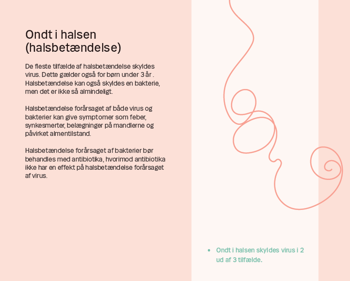 Side 7. Ondt i halsen (halsbetændelse) De fleste tilfælde af halsbetændelse skyldes virus. Dette gælder også for børn under 3 år . Halsbetændelse kan også skyldes en bakterie, men det er ikke så almindeligt. Halsbetændelse forårsaget af både virus og bakterier kan give symptomer som feber, synkesmerter, belægninger på mandlerne og påvirket almentilstand. Halsbetændelse forårsaget af bakterier bør behandles med antibiotika, hvorimod antibiotika ikke har en effekt på halsbetændelse forårsaget af virus.